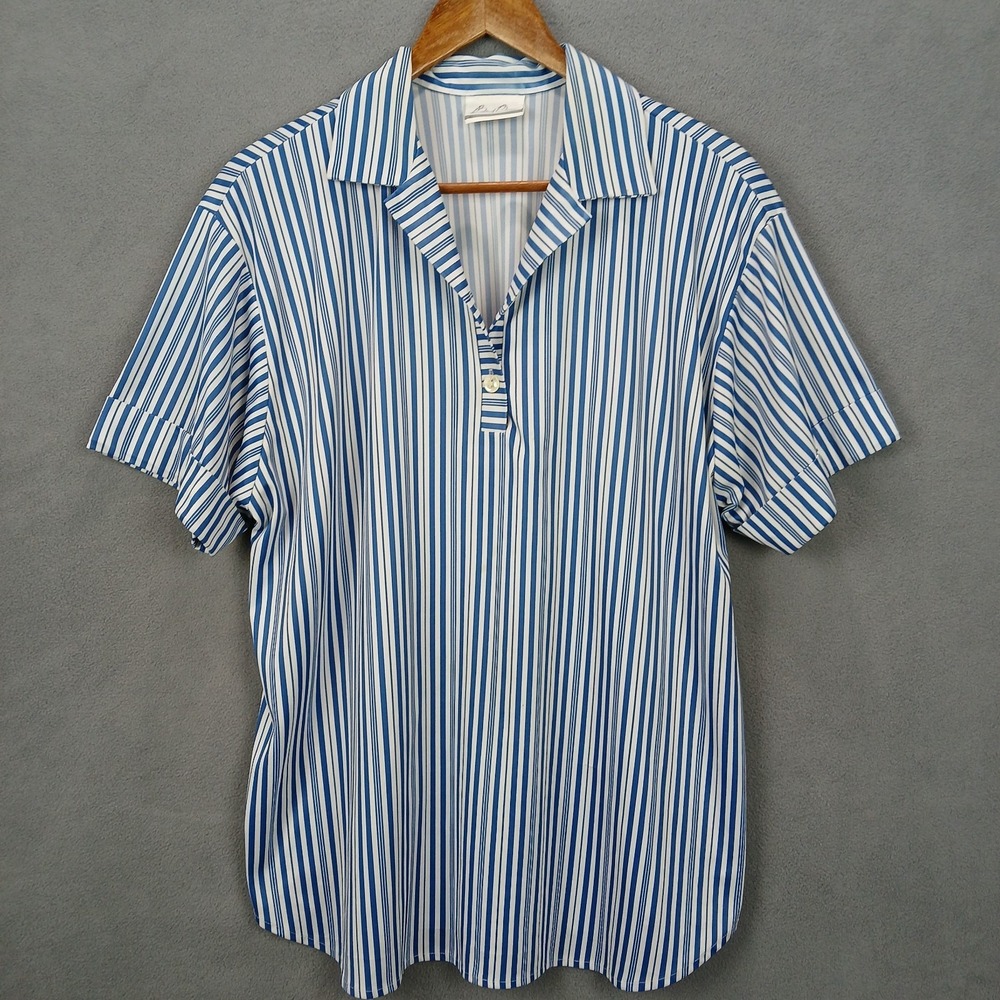 Bend Over Polo Shirt Womens 20 White Blue Striped Camp Collar Cuffed Rounded Hem